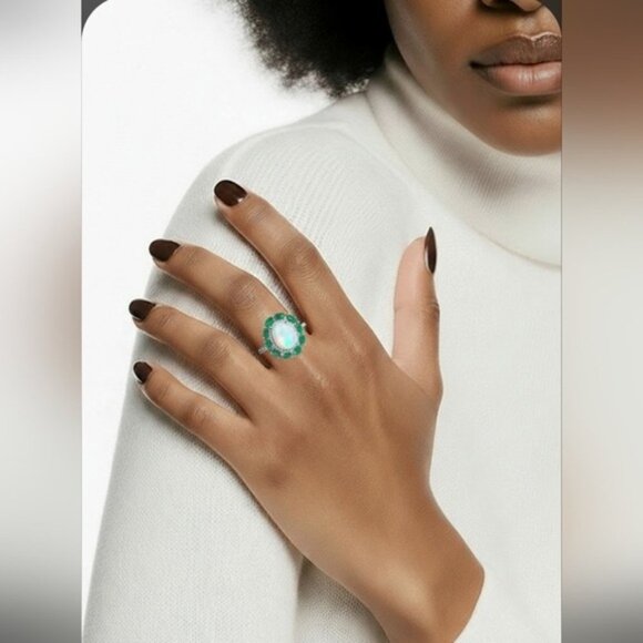 925 Sterling Silver Ring with Natural White Opal 8x10mm & Emerald Gemstones - Picture 11 of 13